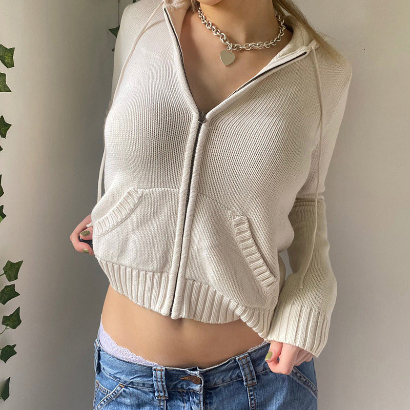 VILZSTUDIOS Vintage Knitted Zip-Up Hooded Cardigan