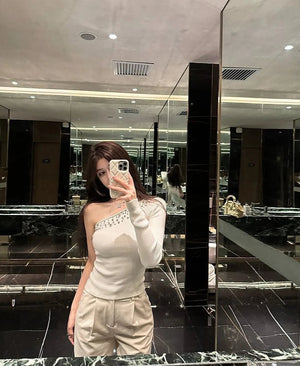 VILZSTUDIOS Diamond Studded Off Shoulder Knitted Top