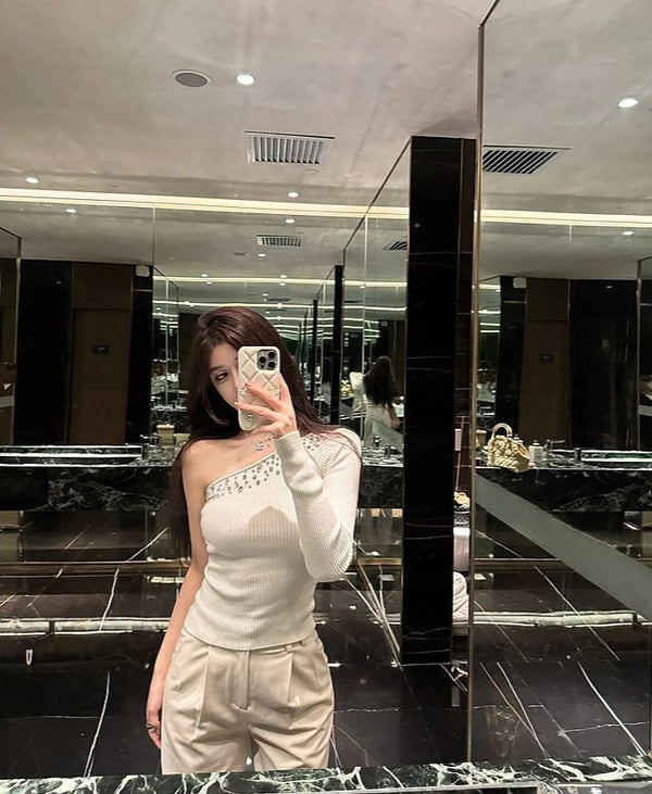 Diamond Studded Off Shoulder Knitted Top