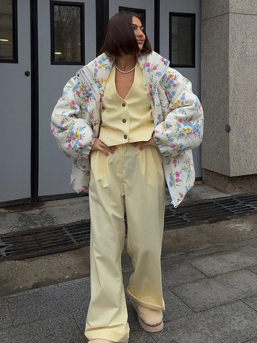 VILZSTUDIOS Cozy Floral Print Oversized Puffer Jacket