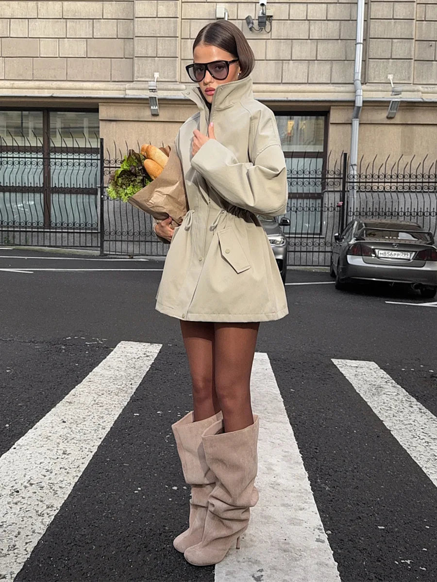 VILZSTUDIOS Stylish Stand Collar Mid-Length Trench Coat