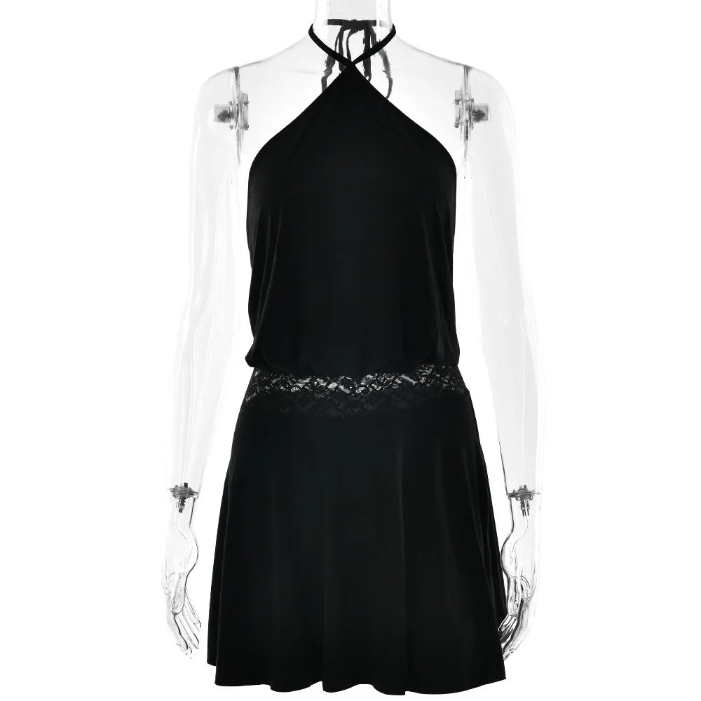 VILZSTUDIOS Sleek Lace Patchwork Halter Mini Dress