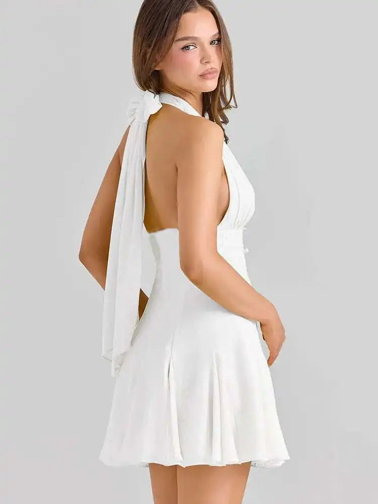 VILZSTUDIOS Yellow Lace Halter Backless Mini Dress
