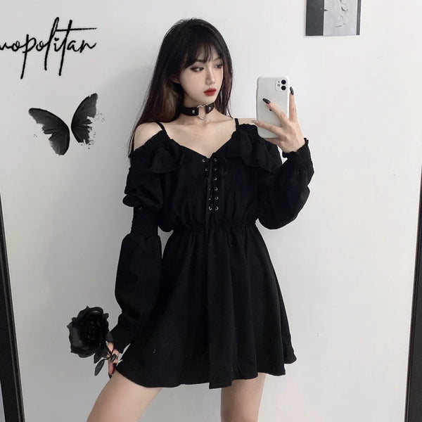 Black Solid Gothic Mini Dress