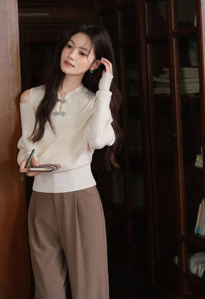 VILZSTUDIOS Beige Chinese Style Off-Shoulder Sweater