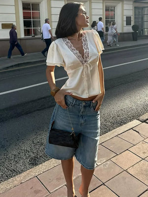 VILZSTUDIOS Lace V-Neck Hollow Out T-Shirt