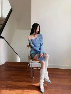 VILZSTUDIOS Blue Mesh Graphic Flare Sleeve Top
