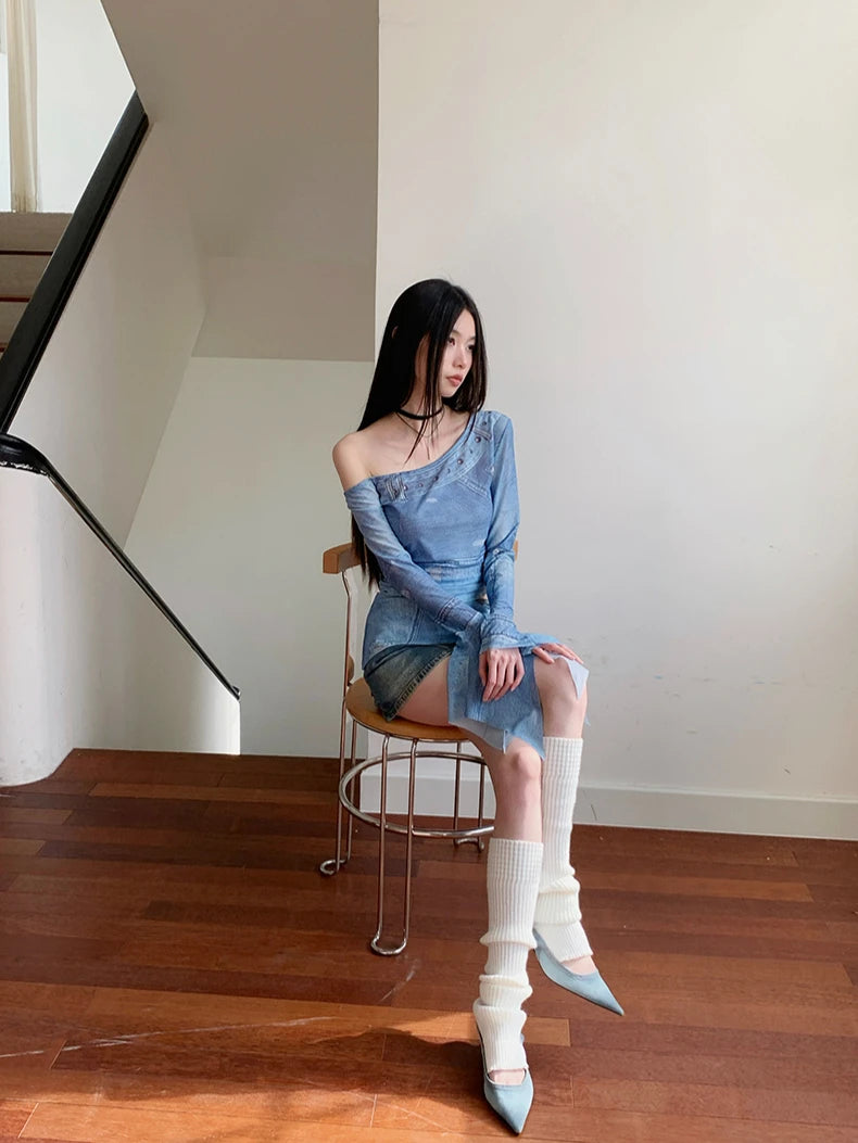 VILZSTUDIOS Blue Mesh Graphic Flare Sleeve Top