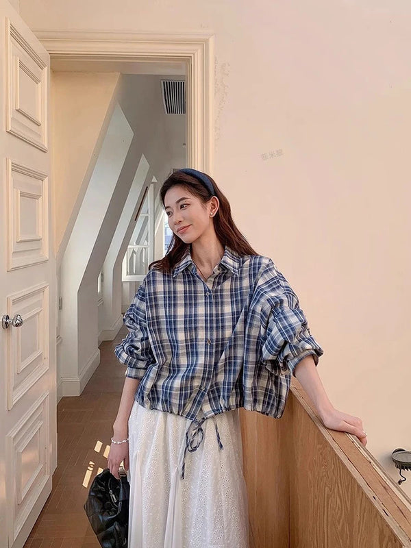 Blue Plaid Loose Drawstring Shirt