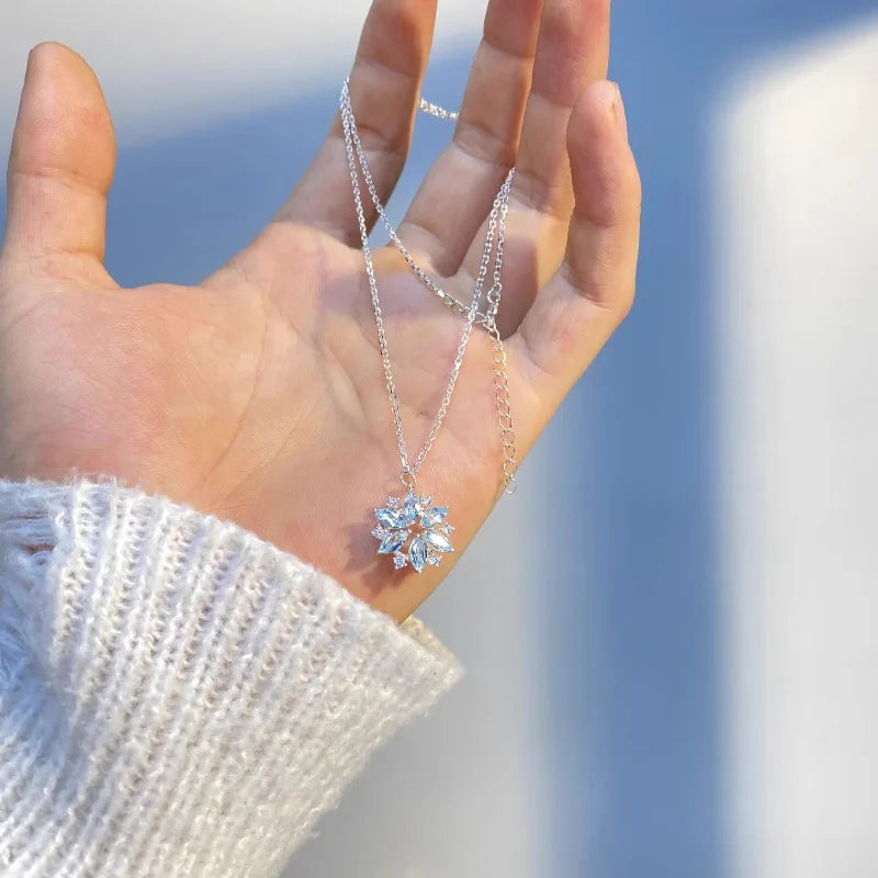 VILZSTUDIOS Sweet 925 Sterling Silver Blue Crystal Zircon Snowflake Necklace