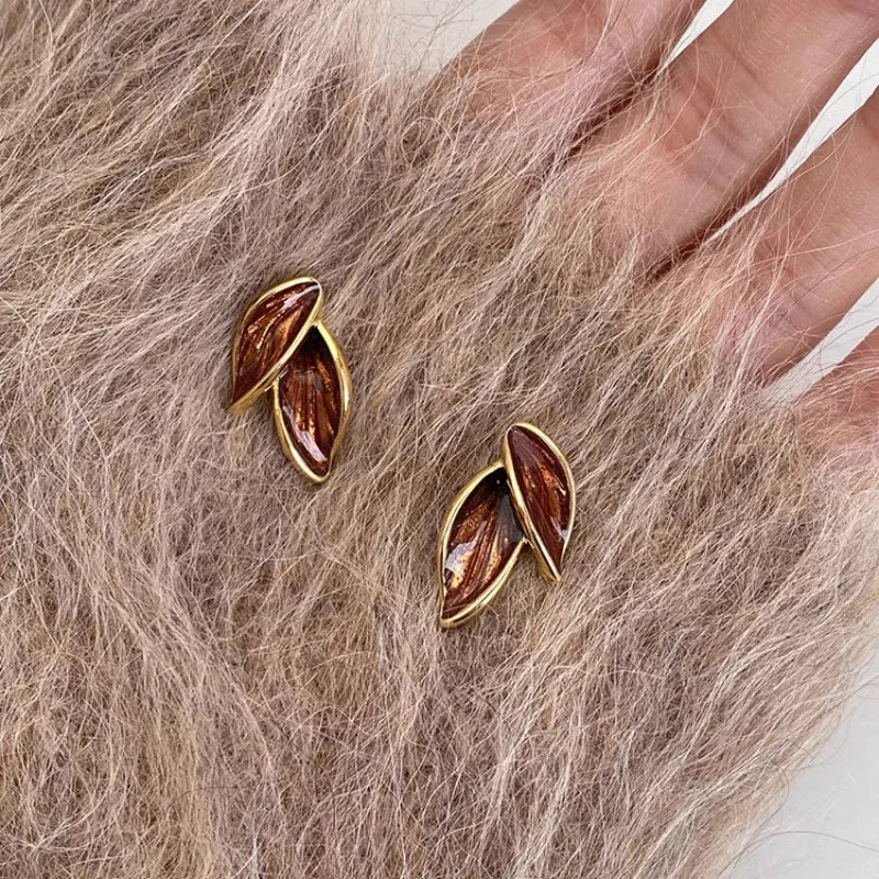 VILZSTUDIOS Golden Geometric Brown Leaf Stud Earrings