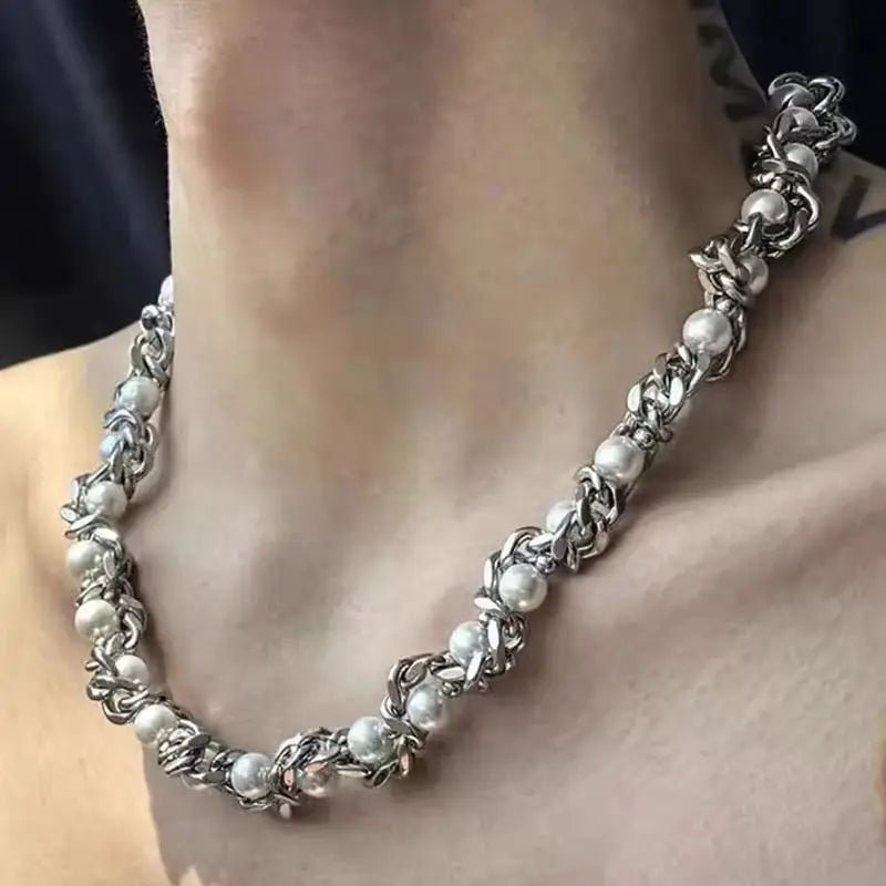 VILZSTUDIOS Stylish Stainless Steel Pearl Cuban Necklace