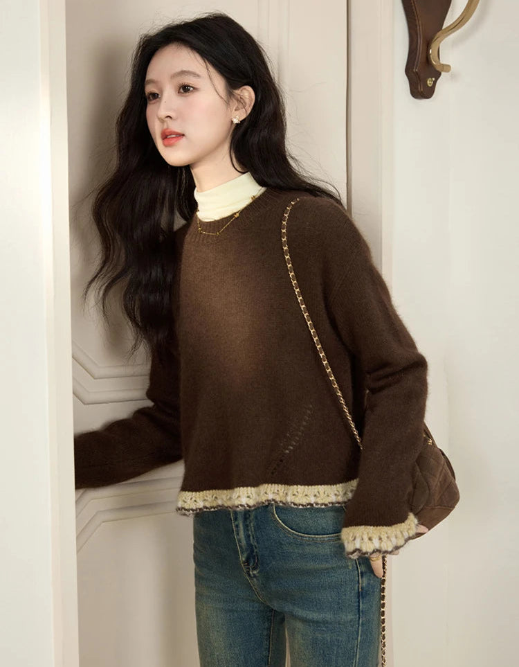 VILZSTUDIOS Elegant Lace Patchwork Knit Sweater