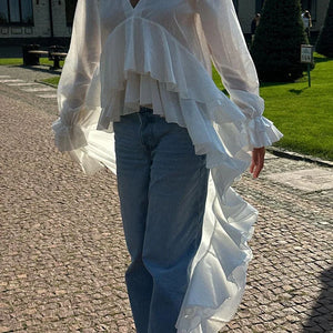 VILZSTUDIOS Ruffled Flare Sleeve V-Neck Blouse