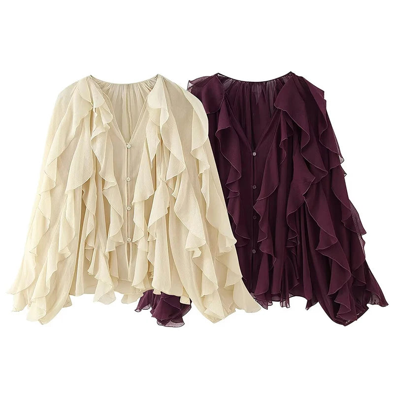VILZSTUDIOS Yenkye Semi Sheer Ruffle Blouse