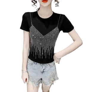 VILZSTUDIOS Shiny Diamond Sequin Slim Fit T-Shirt