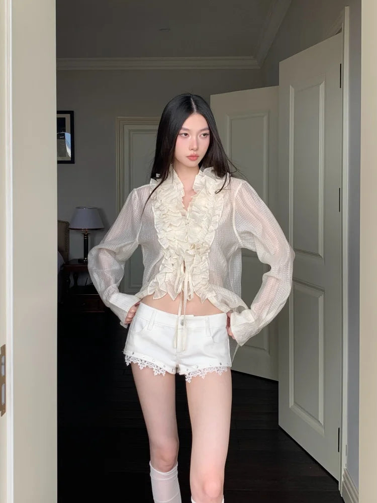 VILZSTUDIOS Ruffled Sheer Long Sleeve Designer Shirt