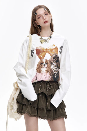 VILZSTUDIOS Cute Casual Puppy Print Long Sleeve Top