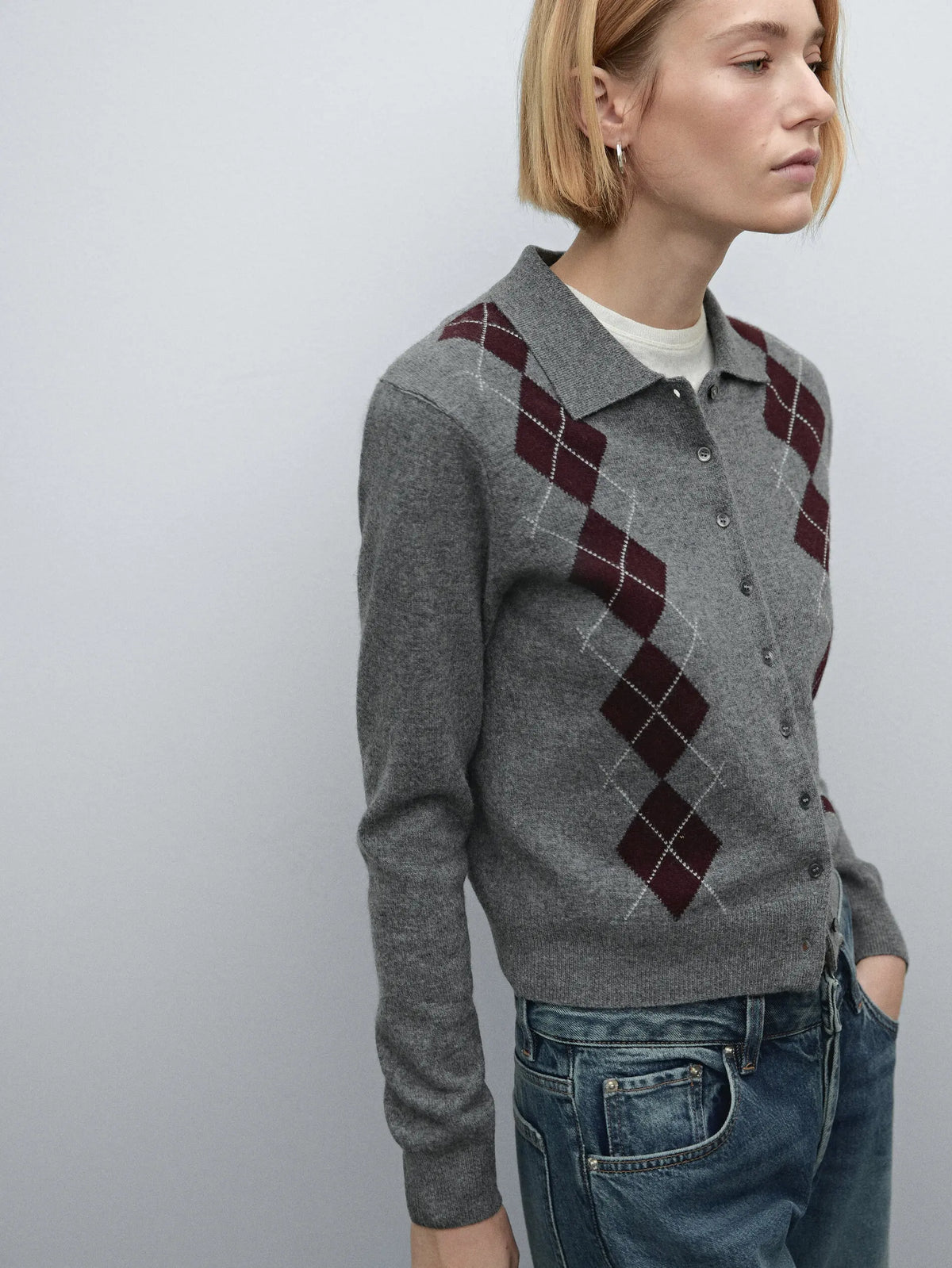 VILZSTUDIOS Grey Polo Collar Knitted Cardigan