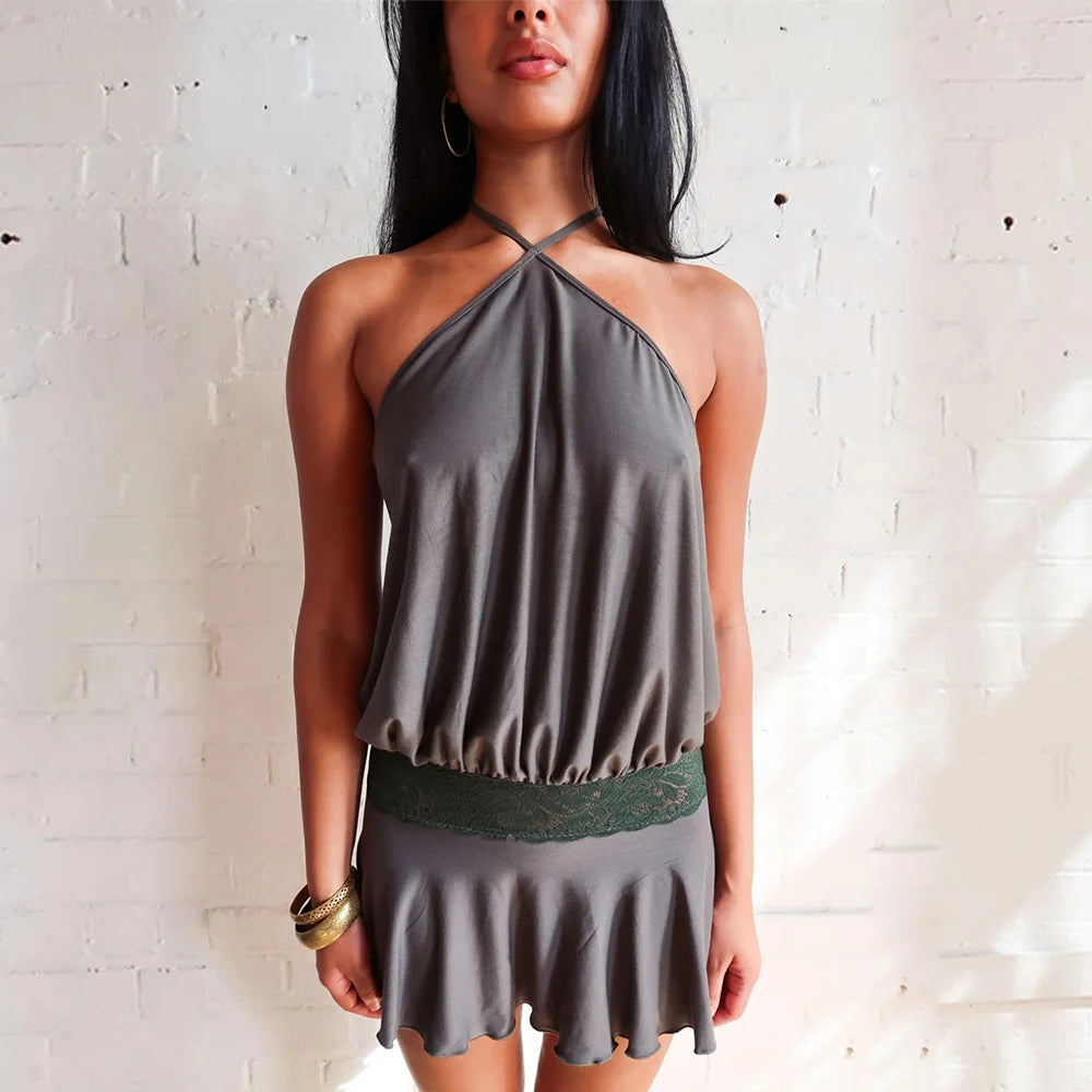 VILZSTUDIOS Sleek Lace Patchwork Halter Mini Dress