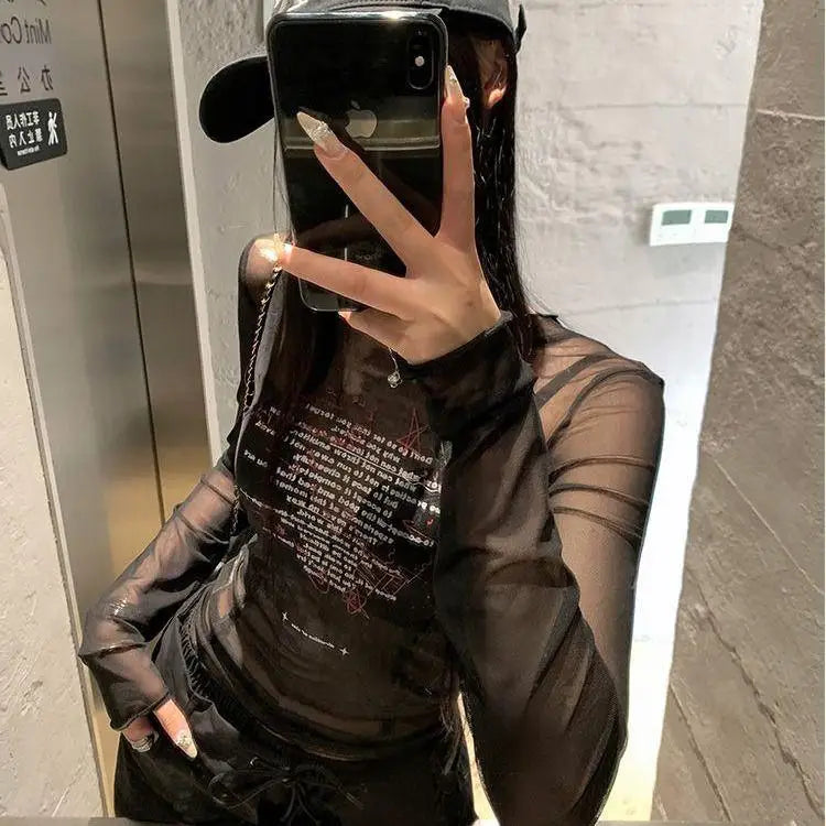 VILZSTUDIOS Sheer Mesh Print Slim Fit Top