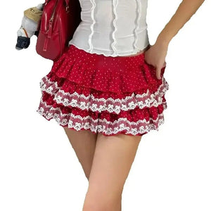 VILZSTUDIOS Lace Trim Layered Ruffled Mini Skirt