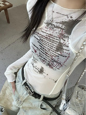 VILZSTUDIOS Sheer Mesh Print Slim Fit Top
