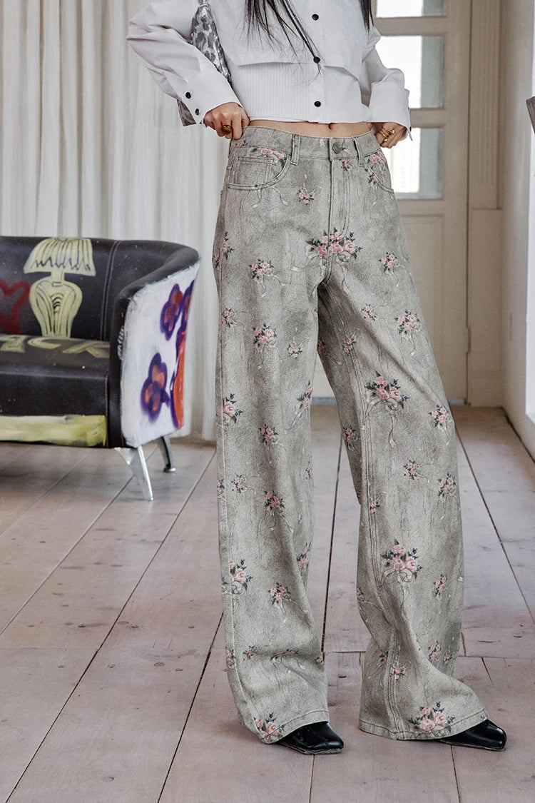VILZSTUDIOS Retro Flower Printed Wide Leg Jeans