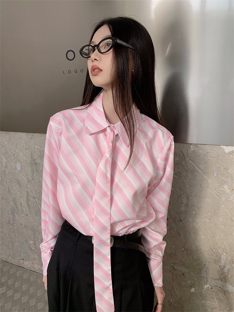 VILZSTUDIOS Pink Striped Button Up Shirt With Tie