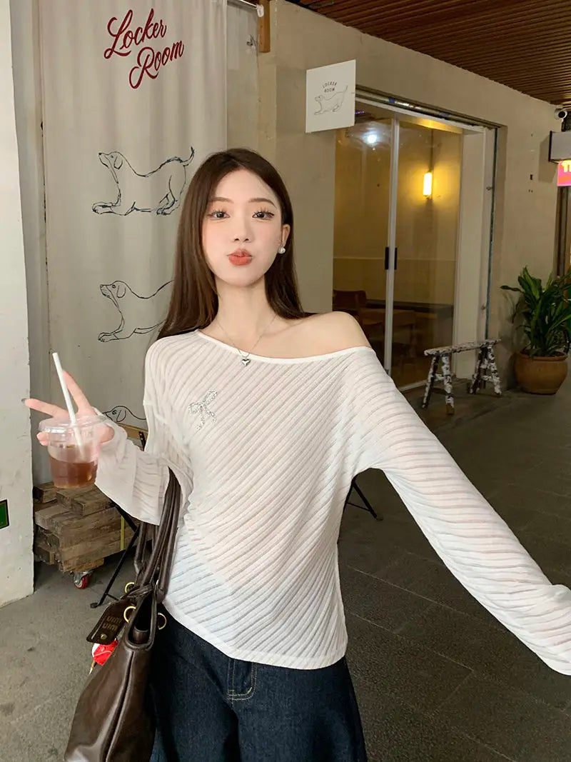 VILZSTUDIOS Off Shoulder Loose Knit Long Sleeve Top