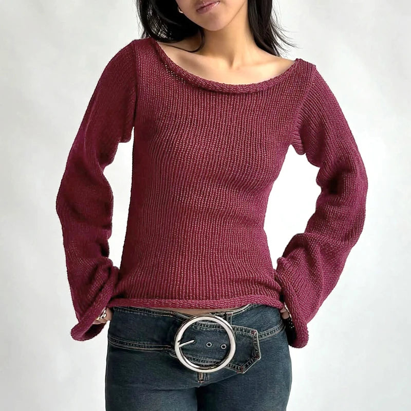 VILZSTUDIOS Chic Off-Shoulder Flare Sleeved Knitted Sweater