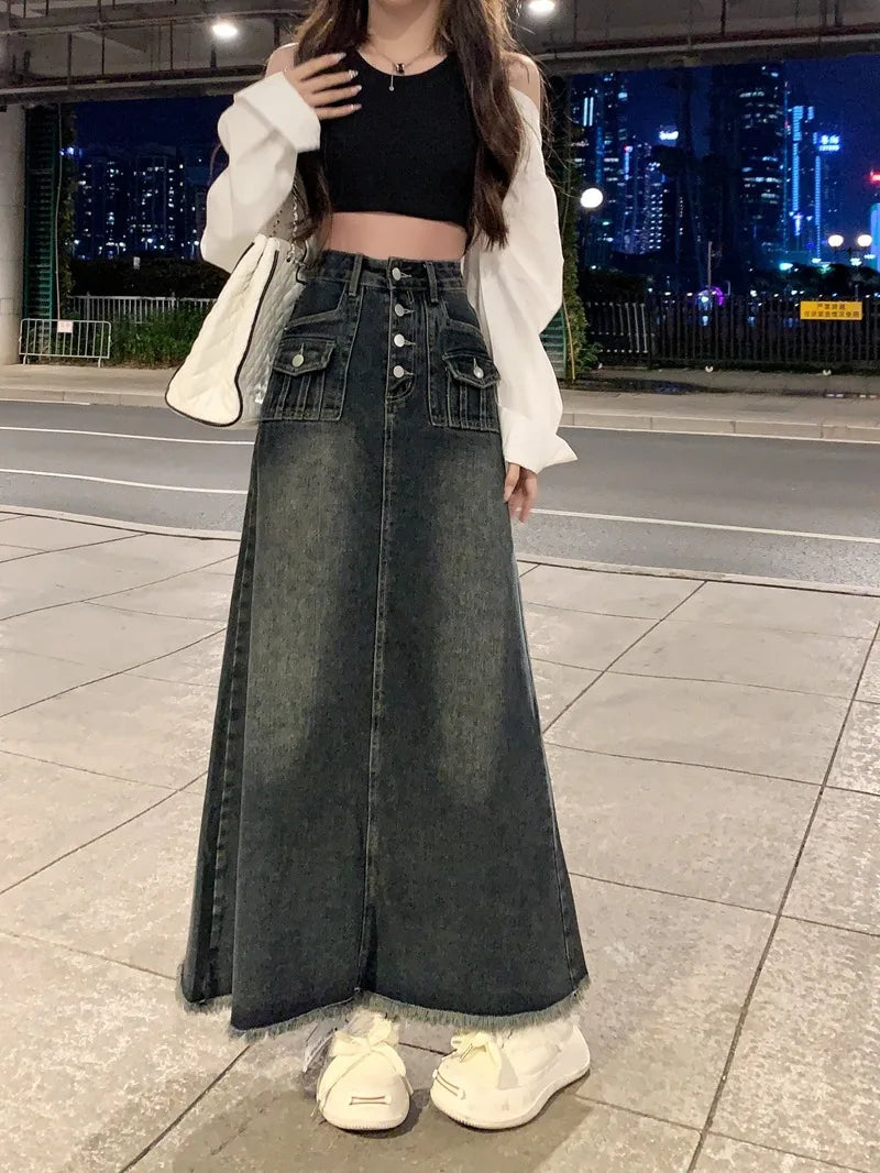 VILZSTUDIOS Vintage High Waist Denim Maxi Skirt