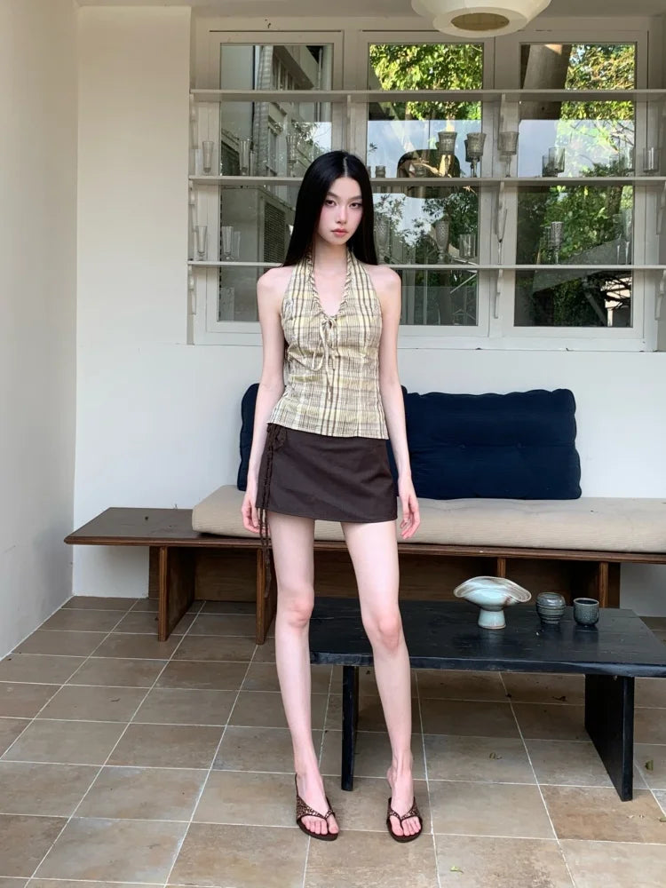 VILZSTUDIOS Yellow Plaid Backless Halter Top