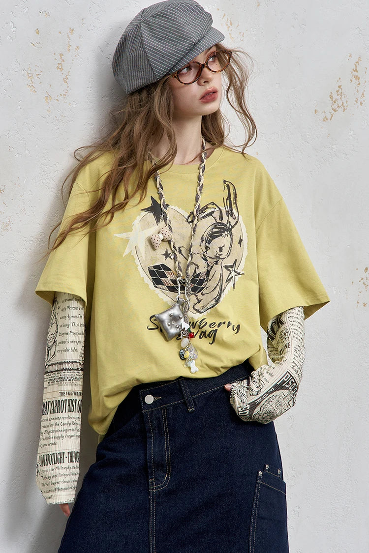 VILZSTUDIOS Oversized Newspaper Print Long Sleeve T-Shirt