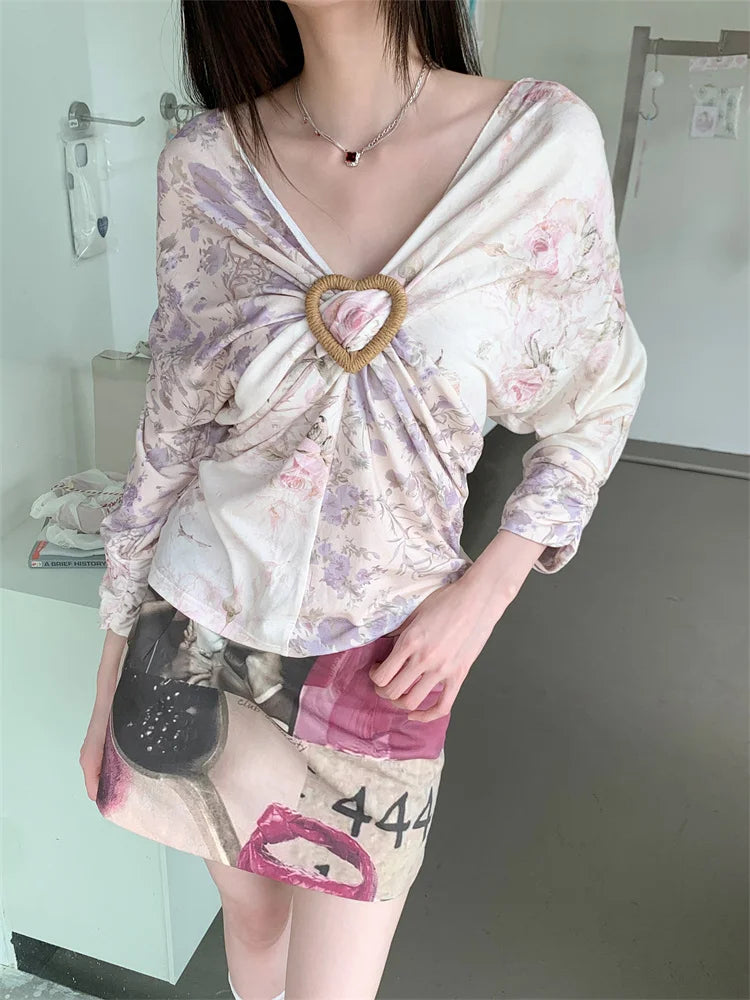 VILZSTUDIOS Floral Batwing Heart Ruched Blouse