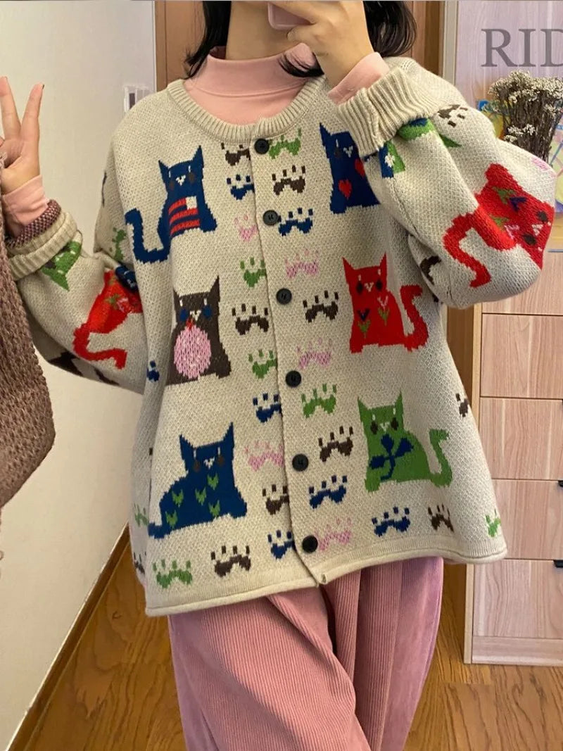 VILZSTUDIOS Cozy Oversized Cat Print Cardigan