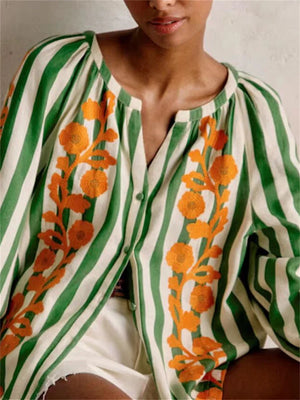 VILZSTUDIOS Striped Embroidered Blouse