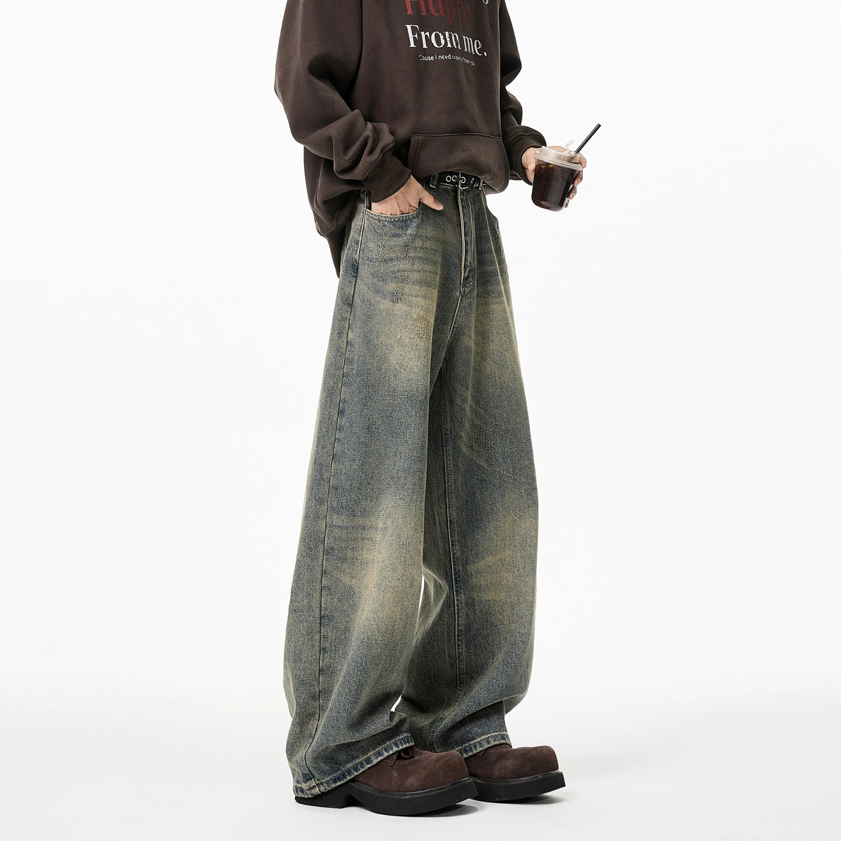 VILZSTUDIOS Vintage Distressed Wide Leg Denim Jeans