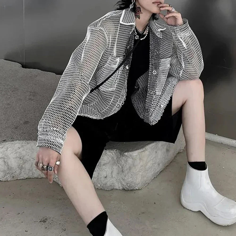 VILZSTUDIOS Y2K Transparent Mesh Casual Shirt