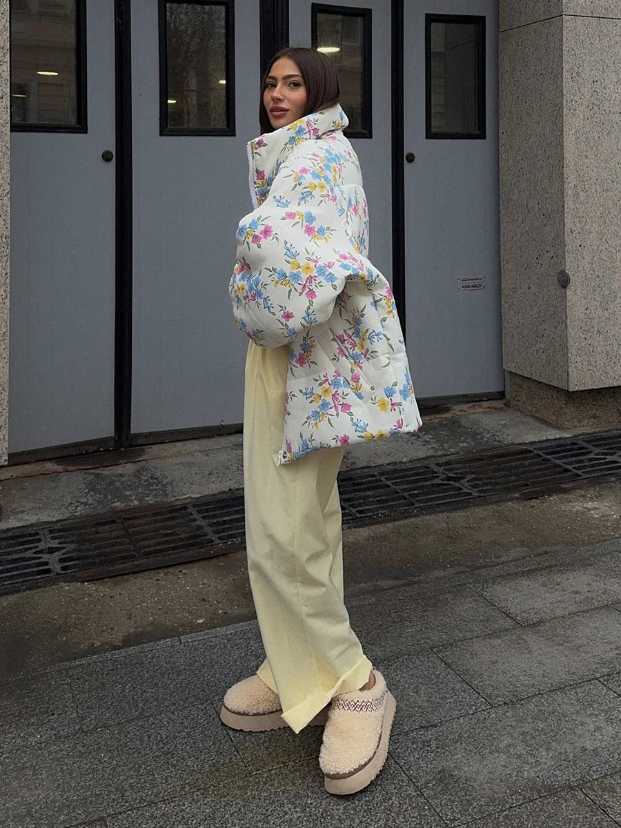 VILZSTUDIOS Cozy Floral Print Oversized Puffer Jacket