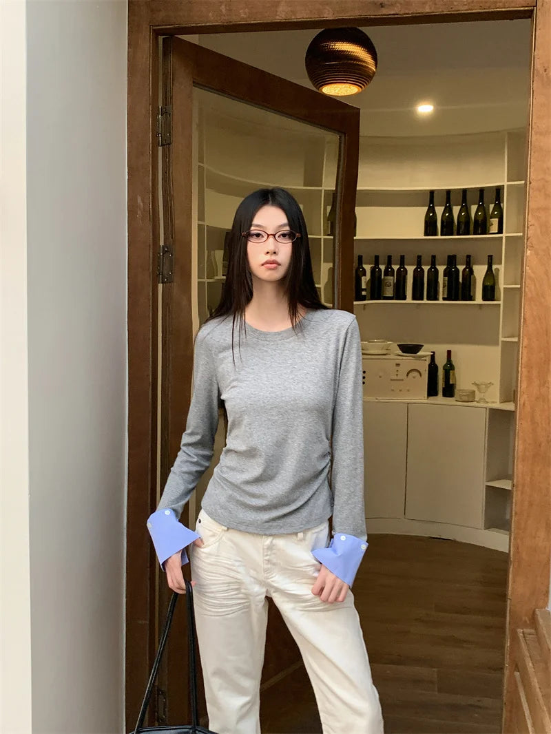 VILZSTUDIOS Stylish Grey Long Sleeve Shirring Top
