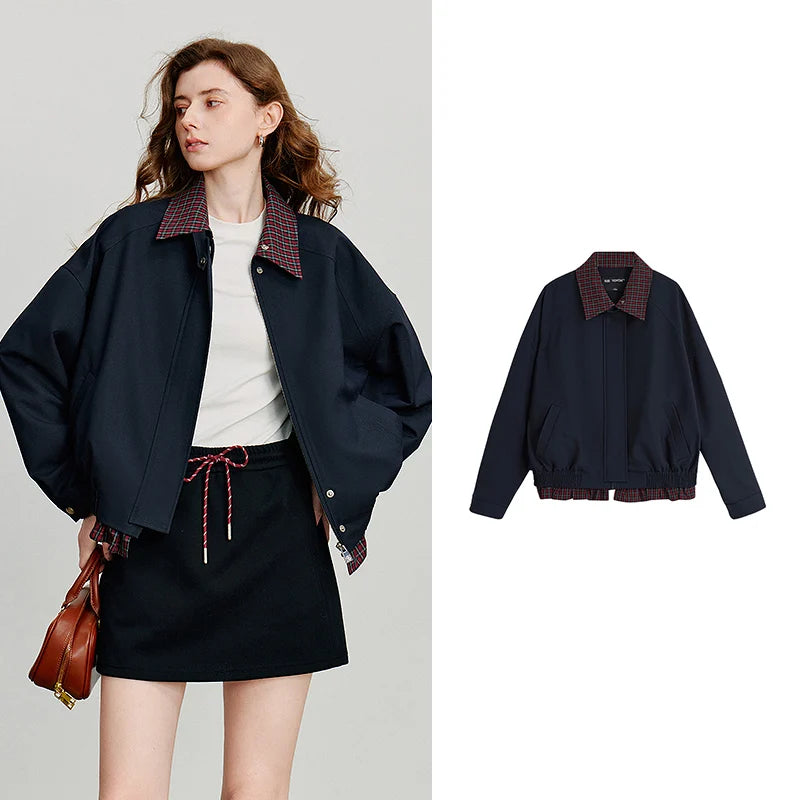 VILZSTUDIOS Patchwork Plaid Retro Navy Jacket
