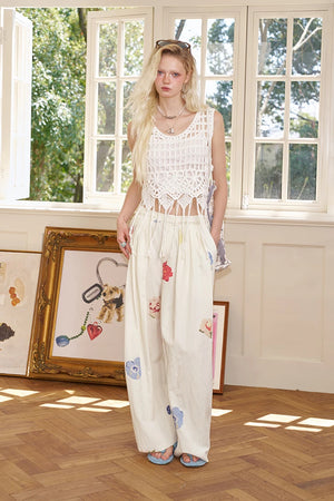VILZSTUDIOS Hand Drawn Flower Pleated Wide Pants