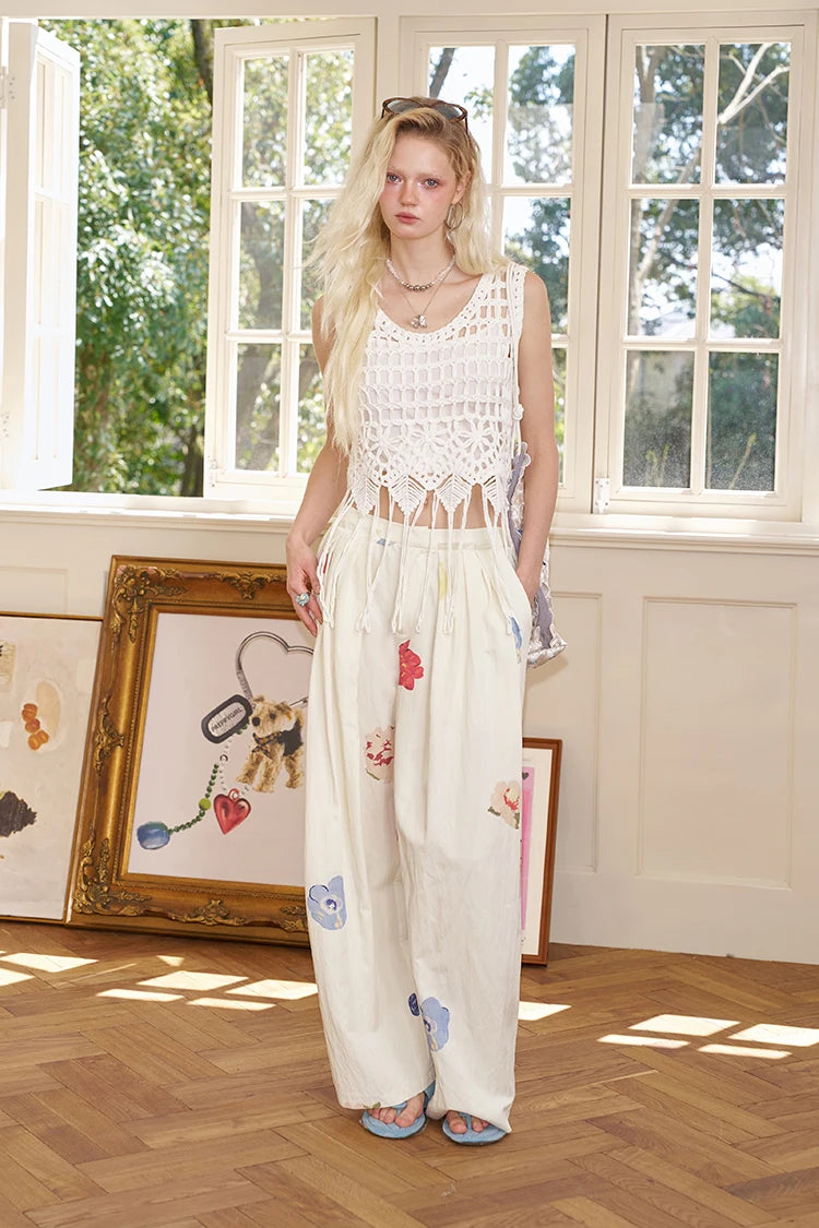 VILZSTUDIOS Hand Drawn Flower Pleated Wide Pants