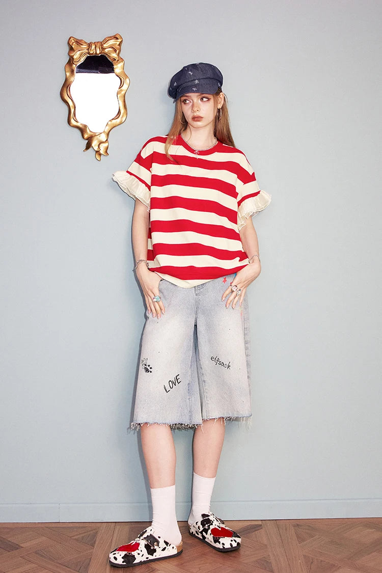 VILZSTUDIOS Colorful Stripe Mesh Splice Loose T-Shirt