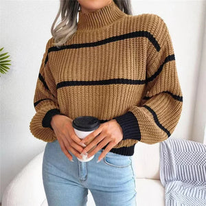 VILZSTUDIOS High Collar Pullover Knit Striped Sweater