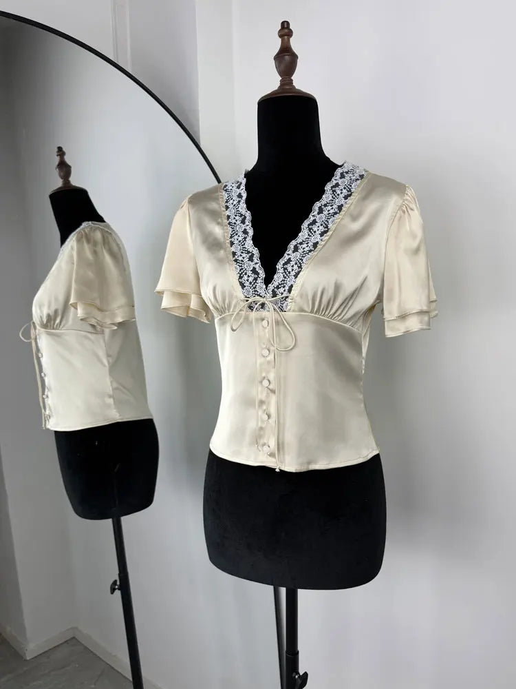 VILZSTUDIOS Lace V-Neck Hollow Out T-Shirt