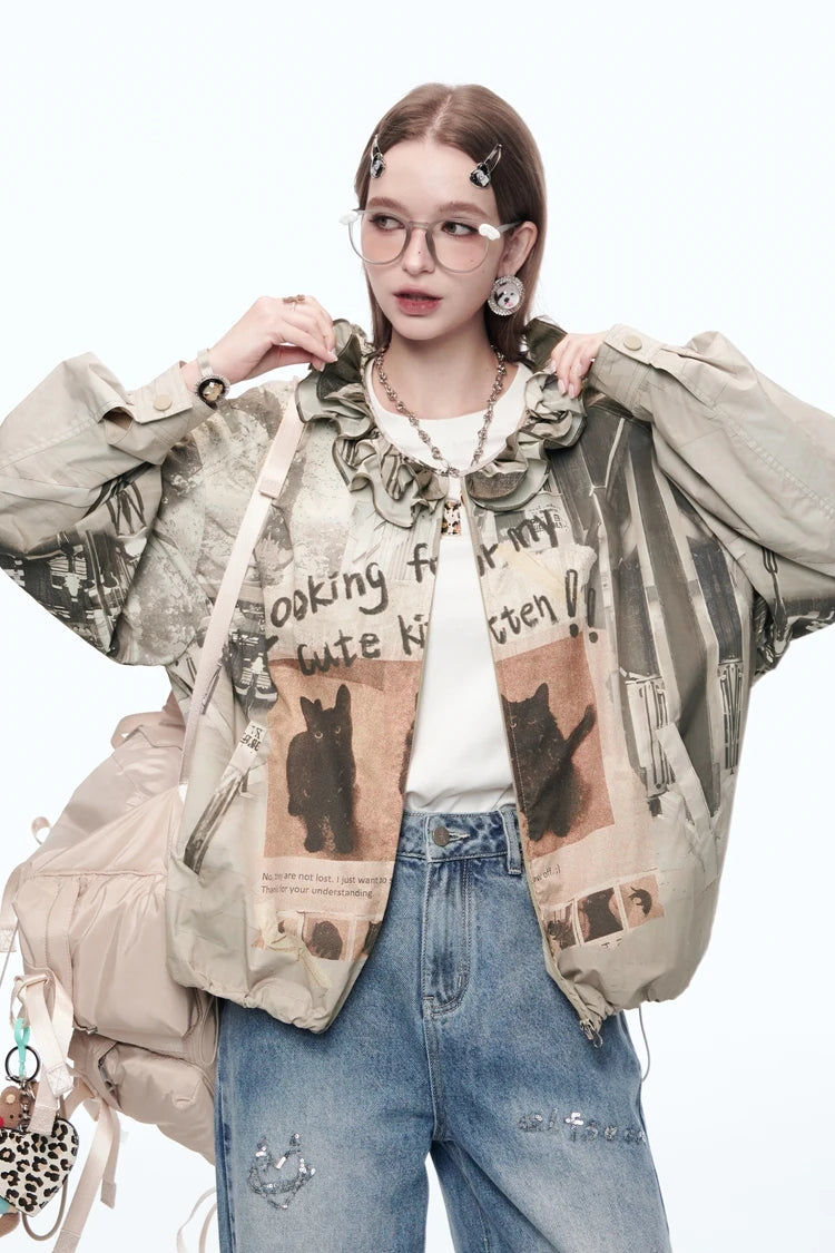 VILZSTUDIOS Retro Cats Print Loose Jacket