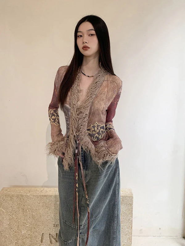 Ethnic Mesh Designer Fur Collar Coat