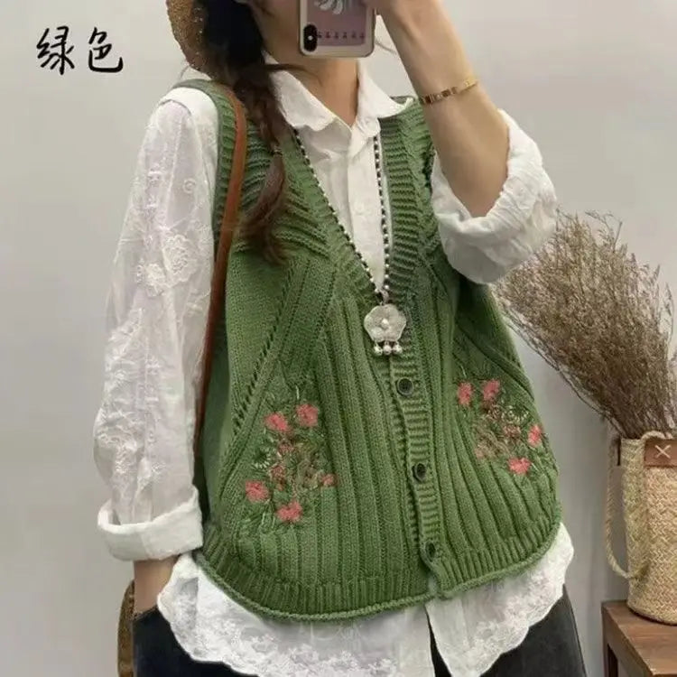 VILZSTUDIOS Embroidered Knit Sleeveless Cardigan